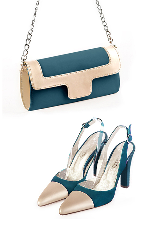 Women's peacock blue and gold luxurious elegant clutch for ceremonies, weddings and evenings out. - Worn view